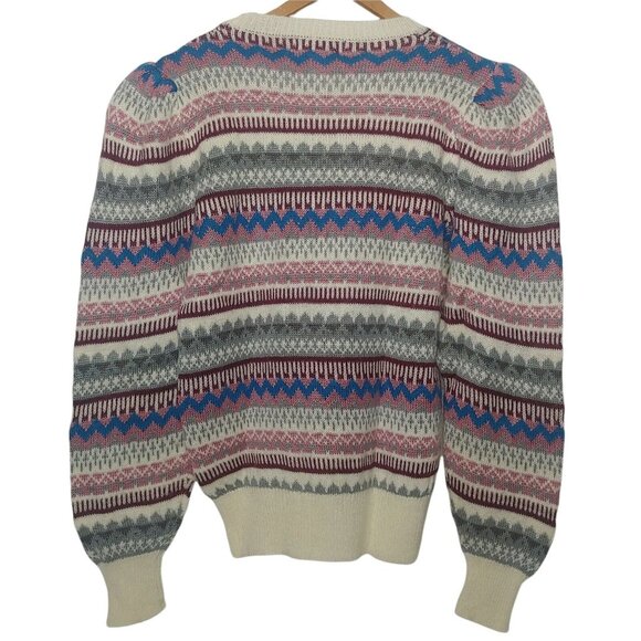 Vintage 80s Brooks Womens M Sweater Geometric Stripe Zig Zag Pink Blue Ruffled - Picture 2 of 9